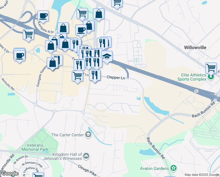 map of restaurants, bars, coffee shops, grocery stores, and more near 983 Clepper Lane in Batavia