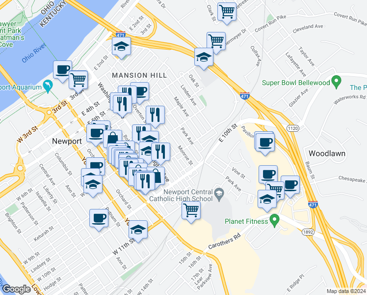 map of restaurants, bars, coffee shops, grocery stores, and more near 823 Monroe Street in Newport
