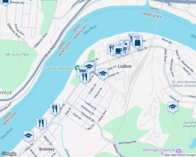map of restaurants, bars, coffee shops, grocery stores, and more near 209 Adela Avenue in Ludlow