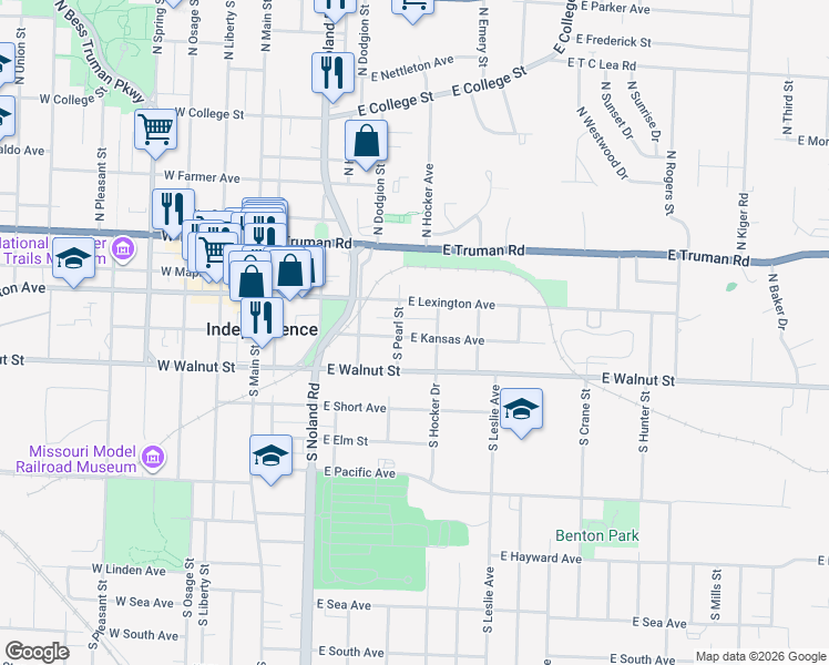 map of restaurants, bars, coffee shops, grocery stores, and more near 119 South Pearl Street in Independence