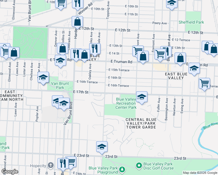 map of restaurants, bars, coffee shops, grocery stores, and more near 1628 Topping Avenue in Kansas City