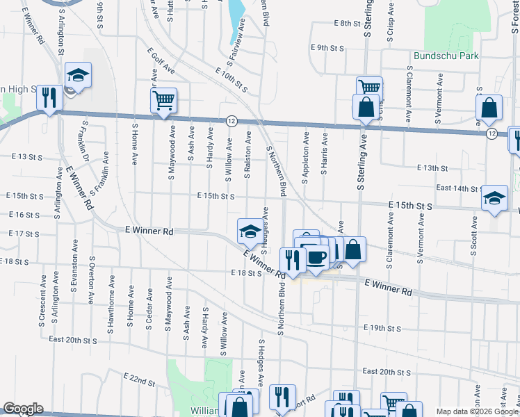 map of restaurants, bars, coffee shops, grocery stores, and more near 1502 South Hedges Avenue in Independence