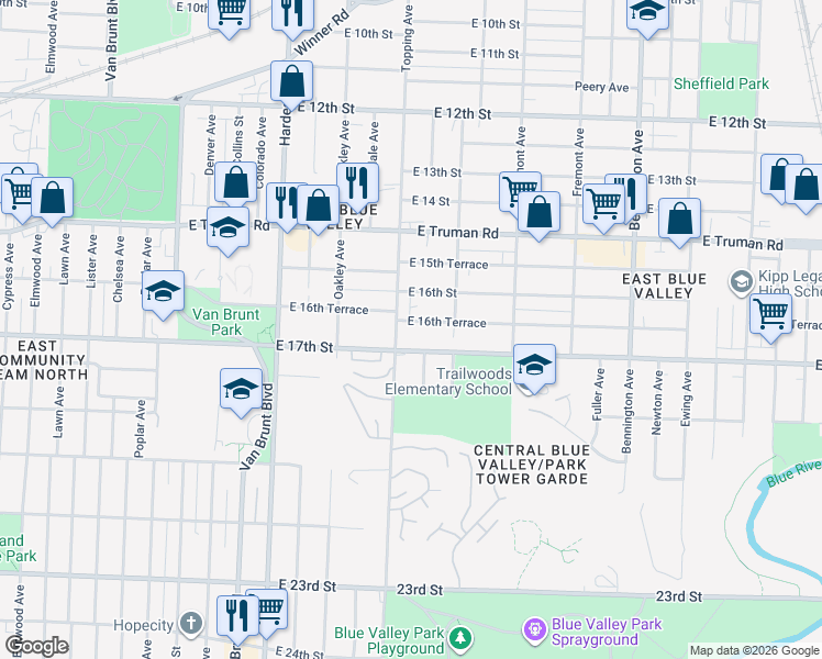 map of restaurants, bars, coffee shops, grocery stores, and more near 1628 Topping Avenue in Kansas City