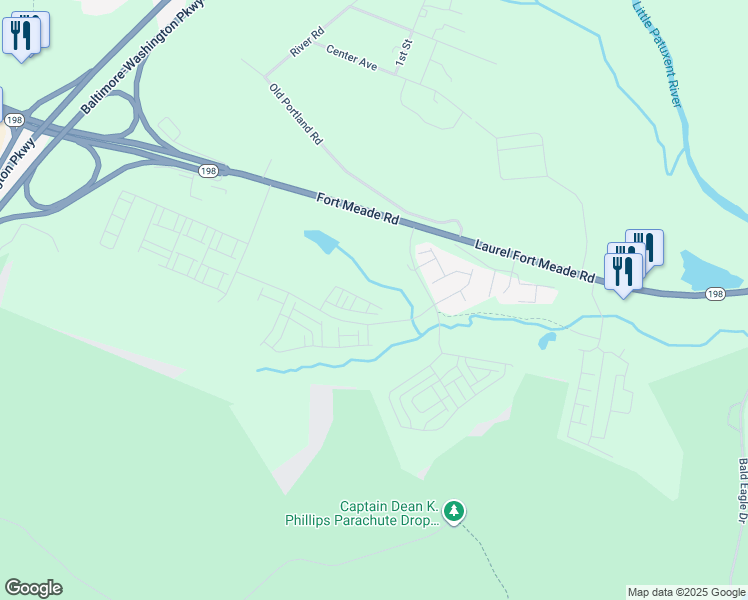 map of restaurants, bars, coffee shops, grocery stores, and more near 3082 Current Way in Laurel