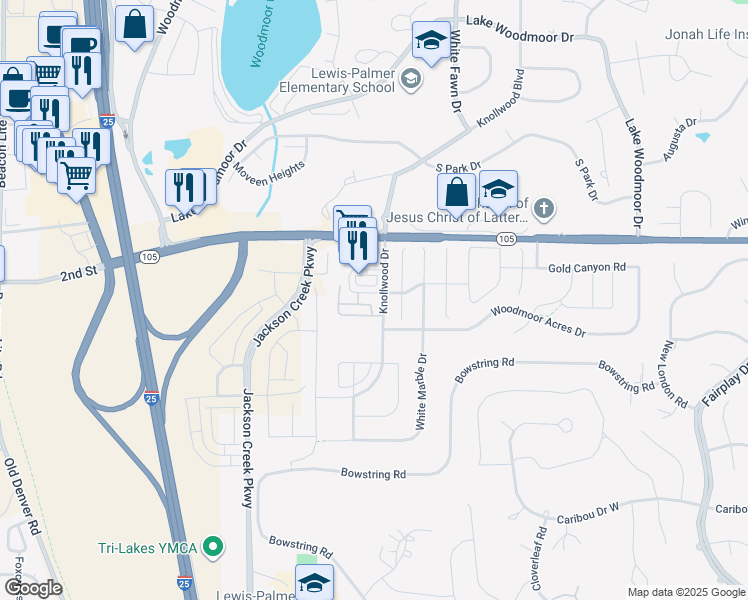 map of restaurants, bars, coffee shops, grocery stores, and more near 1248 Paula Circle in Monument