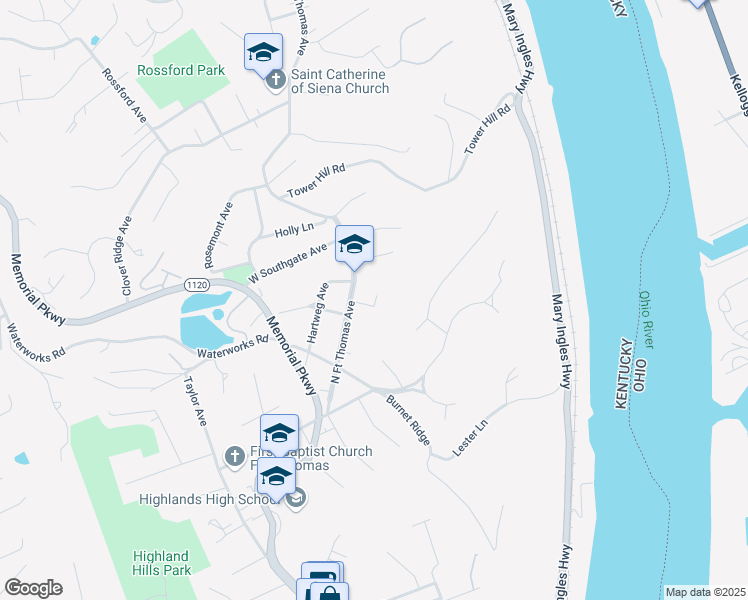 map of restaurants, bars, coffee shops, grocery stores, and more near 1180 North Fort Thomas Avenue in Fort Thomas