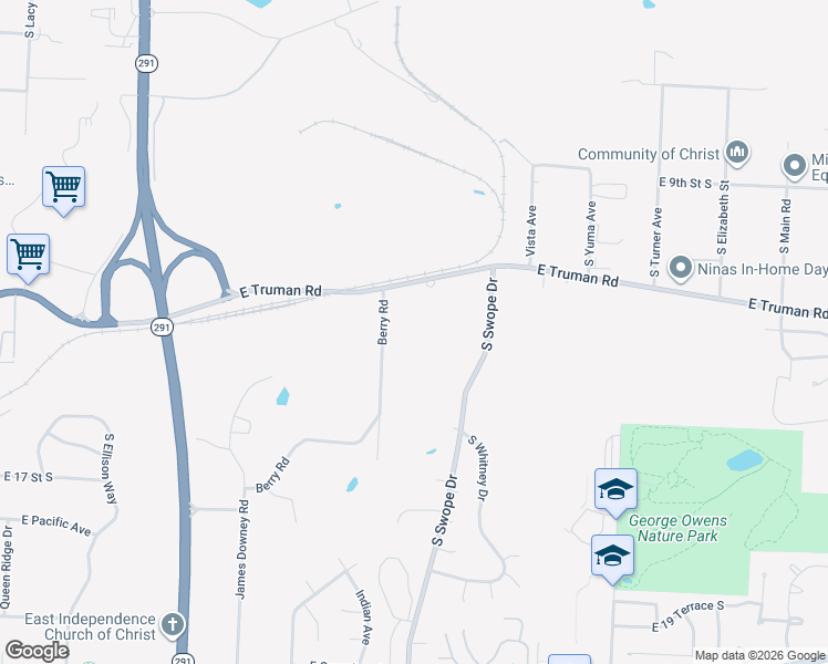 map of restaurants, bars, coffee shops, grocery stores, and more near 17703 East Truman Road in Independence