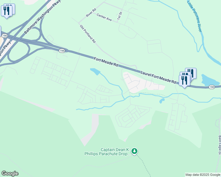 map of restaurants, bars, coffee shops, grocery stores, and more near 3080 Current Way in Laurel