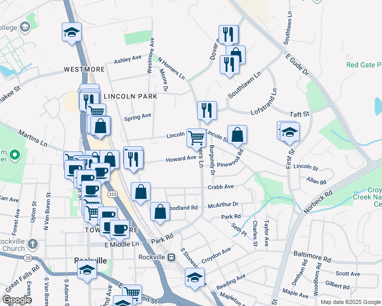 map of restaurants, bars, coffee shops, grocery stores, and more near 350 Howard Avenue in Rockville