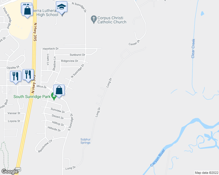 map of restaurants, bars, coffee shops, grocery stores, and more near 3489 Long Drive in Minden