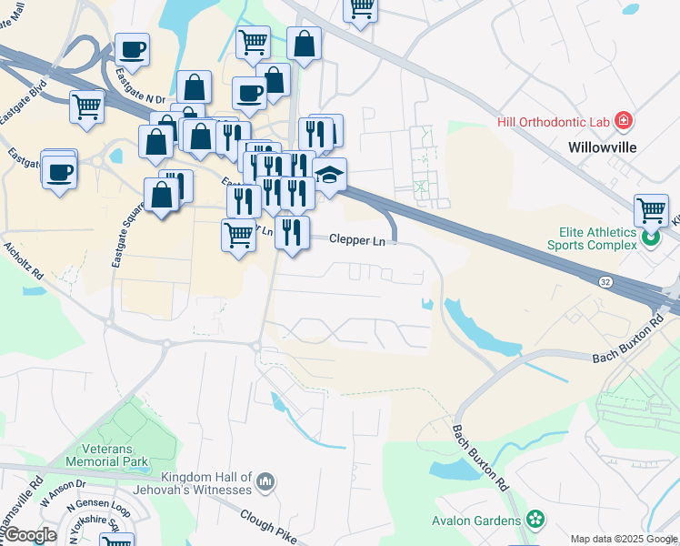 map of restaurants, bars, coffee shops, grocery stores, and more near 983 Clepper Lane in Batavia