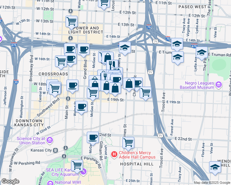 map of restaurants, bars, coffee shops, grocery stores, and more near 521 East 18th Street in Kansas City