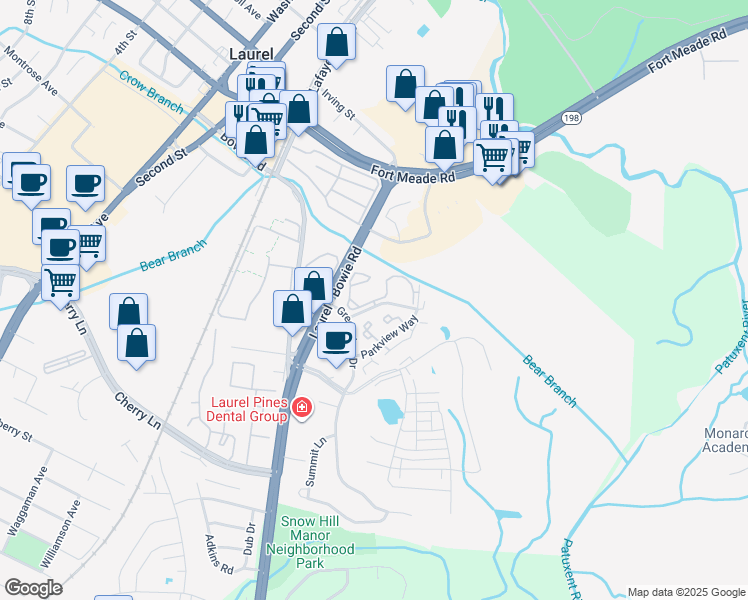 map of restaurants, bars, coffee shops, grocery stores, and more near 9401 Spring House Lane in Laurel
