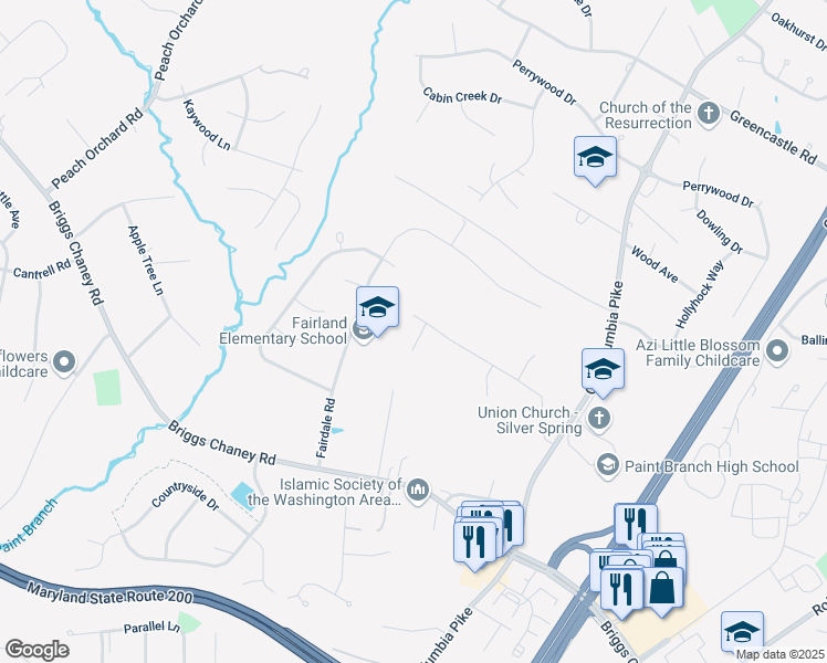 map of restaurants, bars, coffee shops, grocery stores, and more near 2711 Duvall Road in Burtonsville