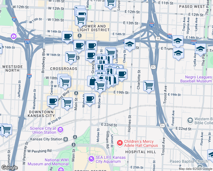 map of restaurants, bars, coffee shops, grocery stores, and more near 1827 Walnut Street in Kansas City