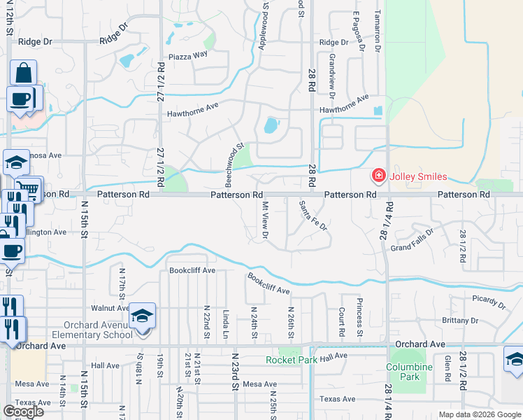 map of restaurants, bars, coffee shops, grocery stores, and more near 2660 El Corona Drive in Grand Junction