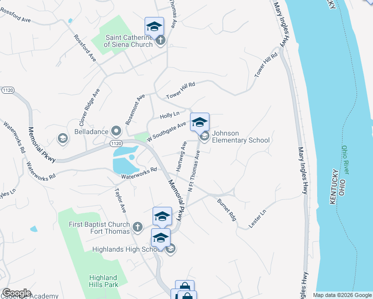 map of restaurants, bars, coffee shops, grocery stores, and more near 28 Hartweg Avenue in Fort Thomas