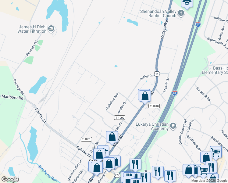 map of restaurants, bars, coffee shops, grocery stores, and more near 5141 Highview Avenue in Stephens City