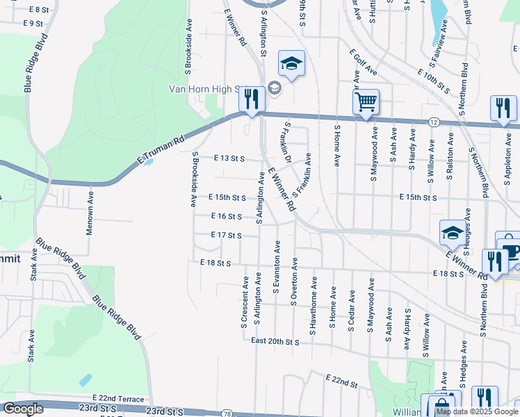 map of restaurants, bars, coffee shops, grocery stores, and more near 1509 South Arlington Avenue in Independence