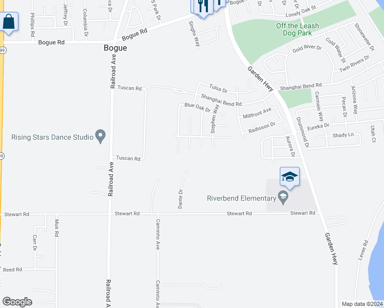 map of restaurants, bars, coffee shops, grocery stores, and more near 2463 Oak Court in Yuba City