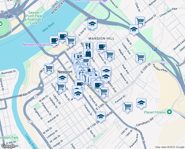 map of restaurants, bars, coffee shops, grocery stores, and more near Saratoga Street in Newport