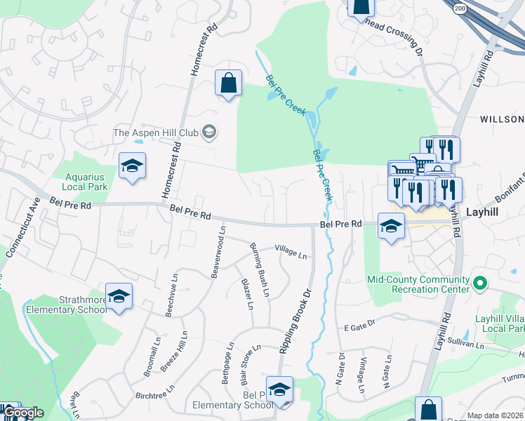 map of restaurants, bars, coffee shops, grocery stores, and more near 2727 Bel Pre Road in Silver Spring