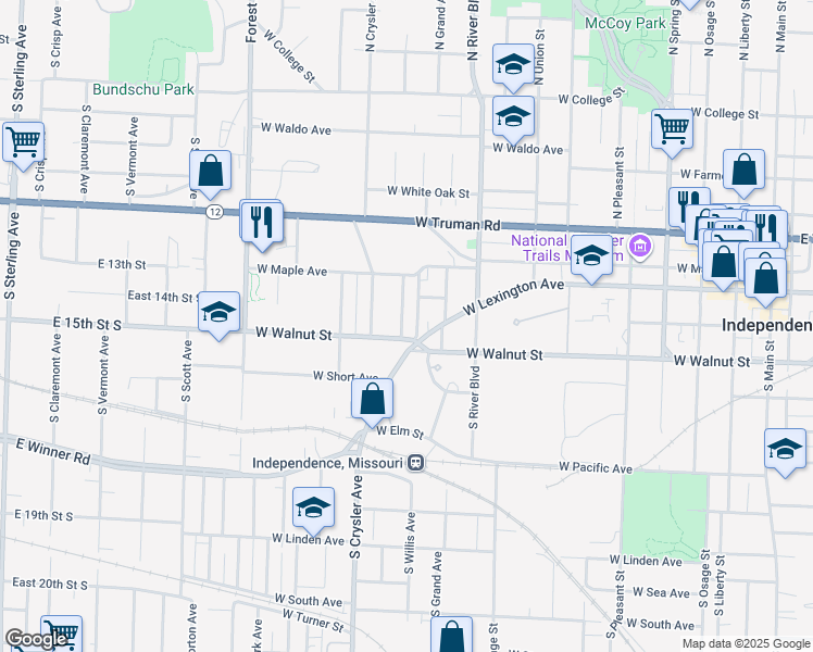 map of restaurants, bars, coffee shops, grocery stores, and more near 1101 Orchard in Independence