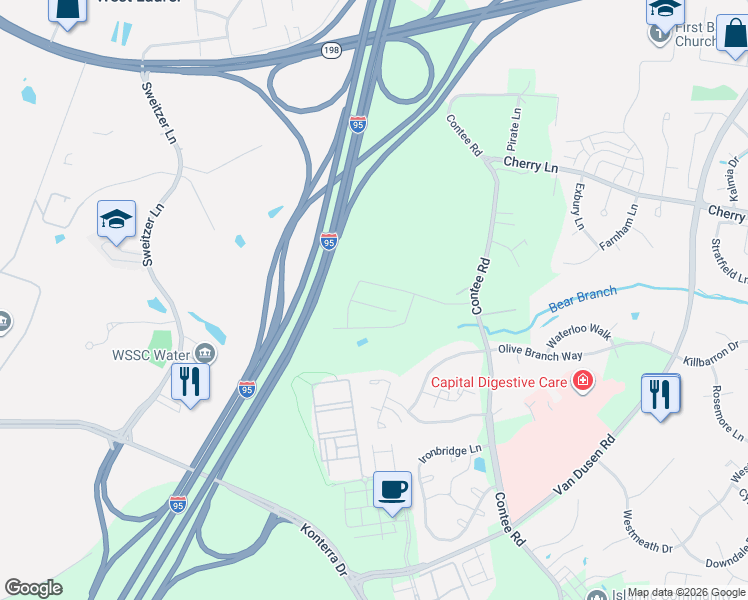 map of restaurants, bars, coffee shops, grocery stores, and more near 1017 Flester Lane in Laurel