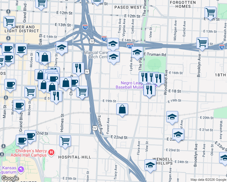 map of restaurants, bars, coffee shops, grocery stores, and more near 1732 Forest Ave in Kansas City
