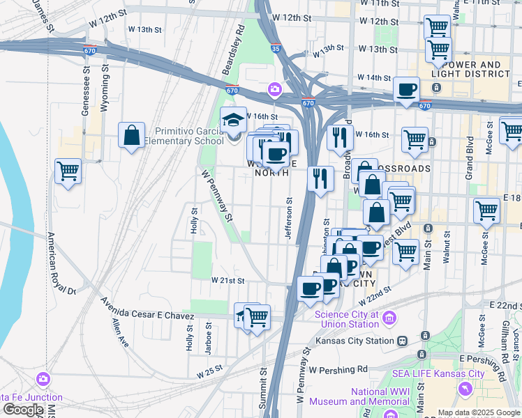 map of restaurants, bars, coffee shops, grocery stores, and more near 825 West 18th Street in Kansas City