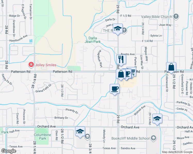 map of restaurants, bars, coffee shops, grocery stores, and more near 598 West Indian Creek Drive in Grand Junction