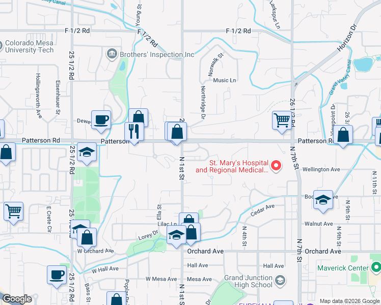 map of restaurants, bars, coffee shops, grocery stores, and more near 17 Patterson Road in Grand Junction