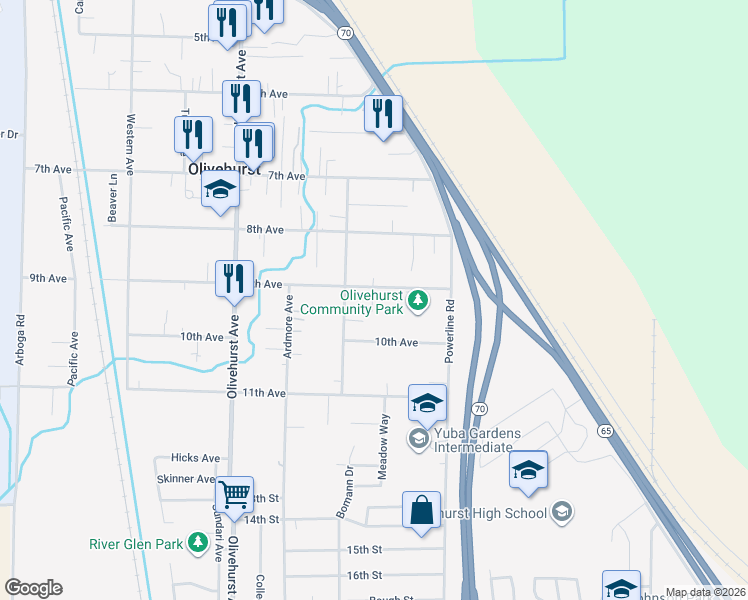 map of restaurants, bars, coffee shops, grocery stores, and more near 1894 9th Avenue in Olivehurst