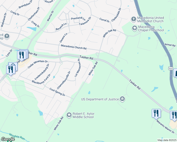 map of restaurants, bars, coffee shops, grocery stores, and more near 113 Boydton Plank Drive in Stephens City