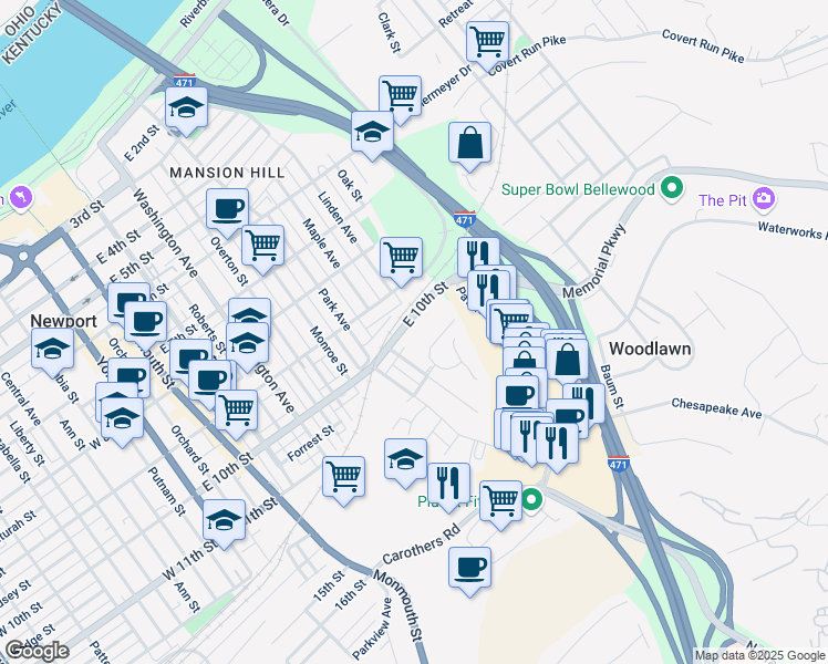 map of restaurants, bars, coffee shops, grocery stores, and more near 750 East 10th Street in Newport