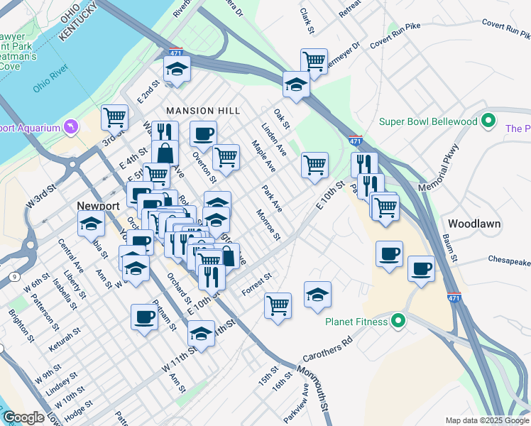 map of restaurants, bars, coffee shops, grocery stores, and more near 823 Monroe Street in Newport