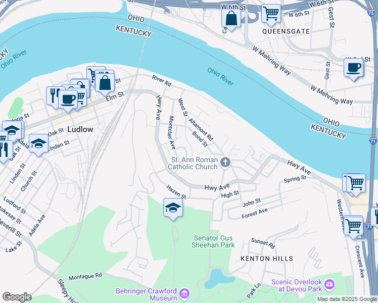 map of restaurants, bars, coffee shops, grocery stores, and more near 17 Audrey Street in Ludlow