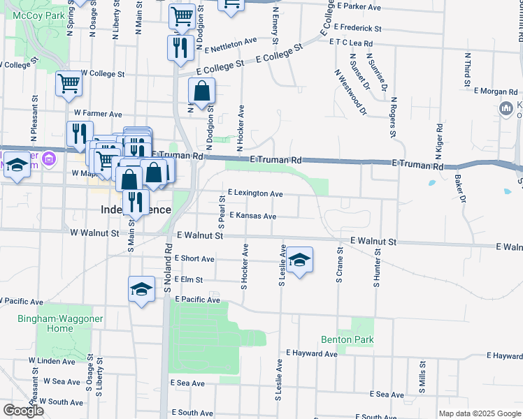 map of restaurants, bars, coffee shops, grocery stores, and more near 501 East Lexington Avenue in Independence