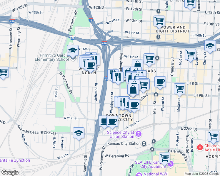 map of restaurants, bars, coffee shops, grocery stores, and more near 1748 Washington Street in Kansas City