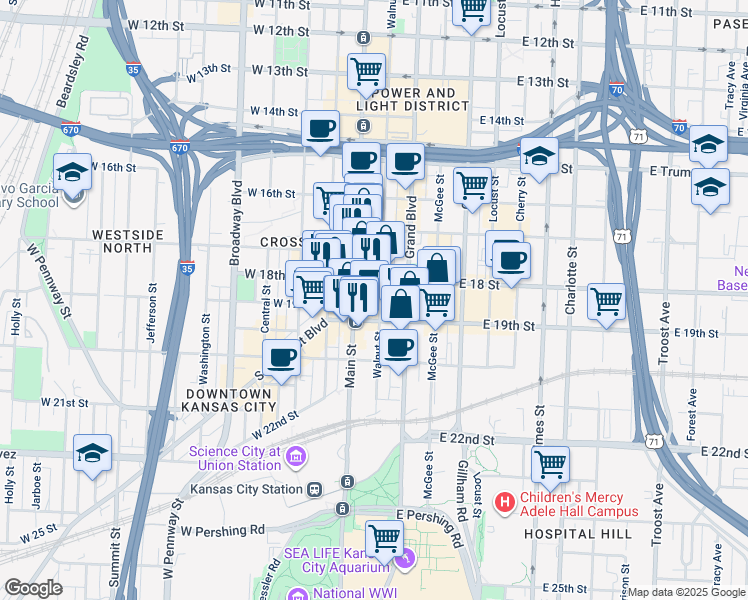 map of restaurants, bars, coffee shops, grocery stores, and more near 1801 Walnut Street in Kansas City