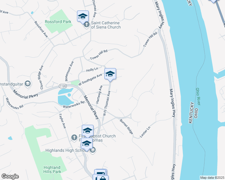 map of restaurants, bars, coffee shops, grocery stores, and more near 1180 North Fort Thomas Avenue in Fort Thomas
