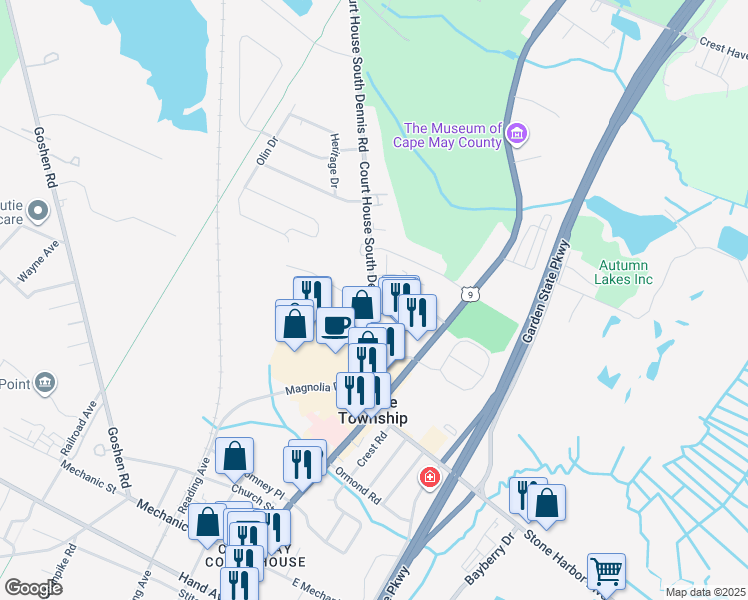 map of restaurants, bars, coffee shops, grocery stores, and more near 355 Dennisville Road in Dennis