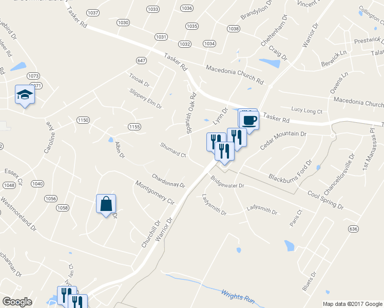 map of restaurants, bars, coffee shops, grocery stores, and more near 215 Spanish Oak Road in Stephens City