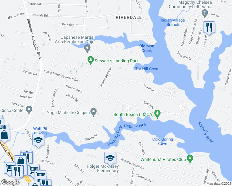 map of restaurants, bars, coffee shops, grocery stores, and more near 281 Thor Bridge Court in Severna Park
