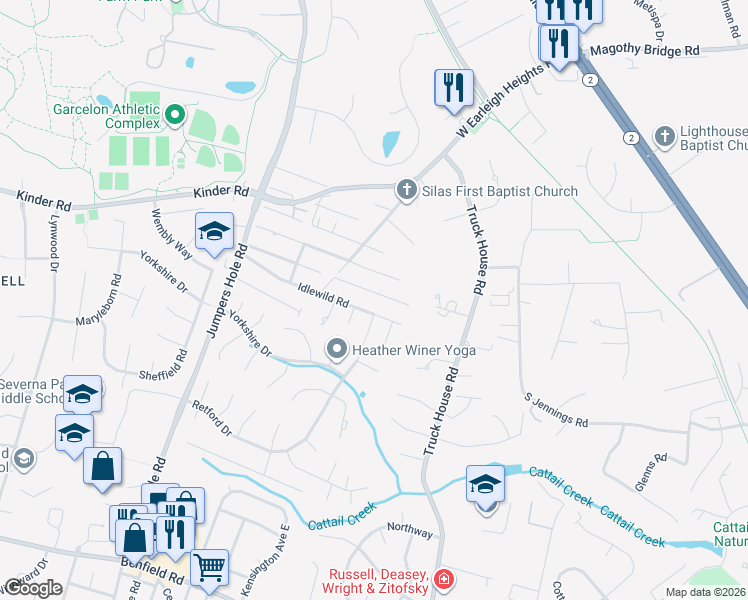 map of restaurants, bars, coffee shops, grocery stores, and more near 97 Clarence Avenue in Severna Park