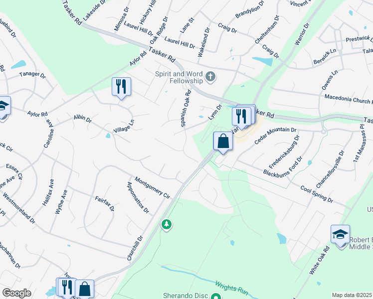 map of restaurants, bars, coffee shops, grocery stores, and more near 215 Spanish Oak Road in Stephens City