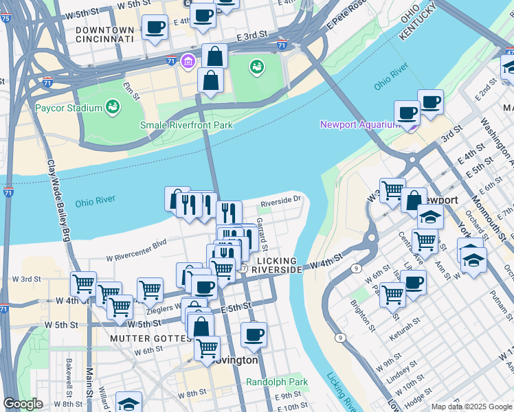 map of restaurants, bars, coffee shops, grocery stores, and more near 101 Garrard Street in Covington