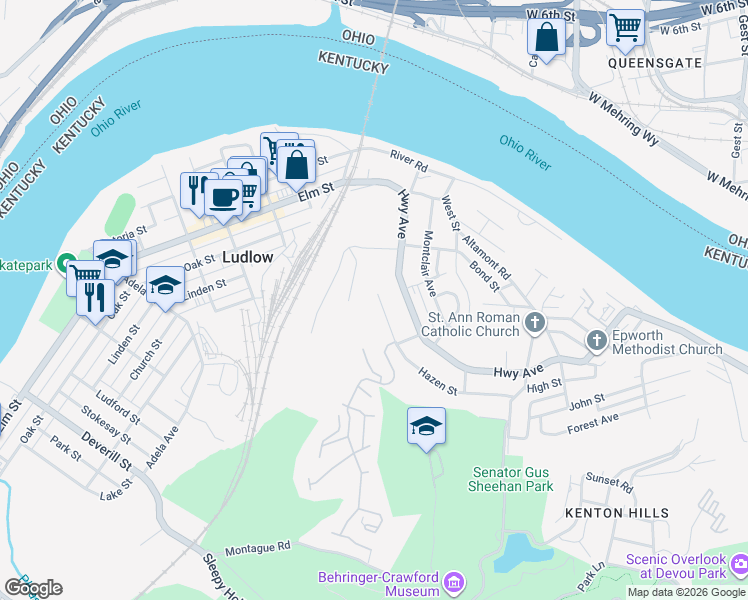 map of restaurants, bars, coffee shops, grocery stores, and more near 331 Hazen Street in Ludlow