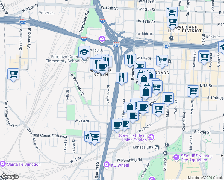 map of restaurants, bars, coffee shops, grocery stores, and more near West 18th Street in Kansas City