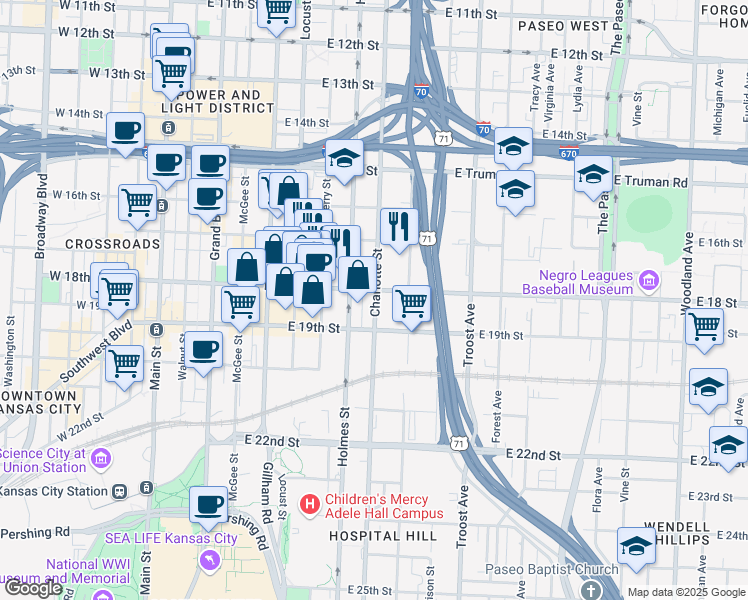 map of restaurants, bars, coffee shops, grocery stores, and more near 715 East 18th Street in Kansas City